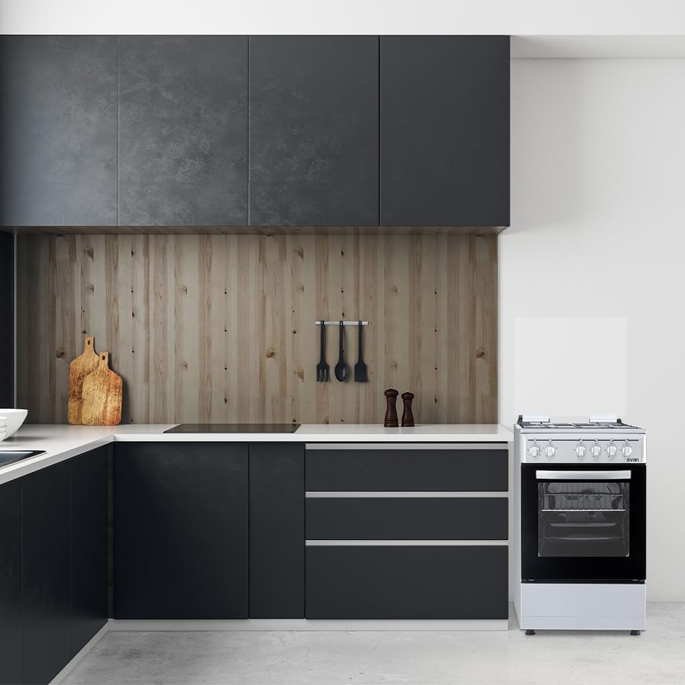 Svan Cocina Mixta Gas Butano 4 Zonas de Cocción, Horno 48 L, Inox SKM4501X. Control Manual, 5 Programas de Cocción, Cristal en Puerta de Doble Capa, Tapa Abatible