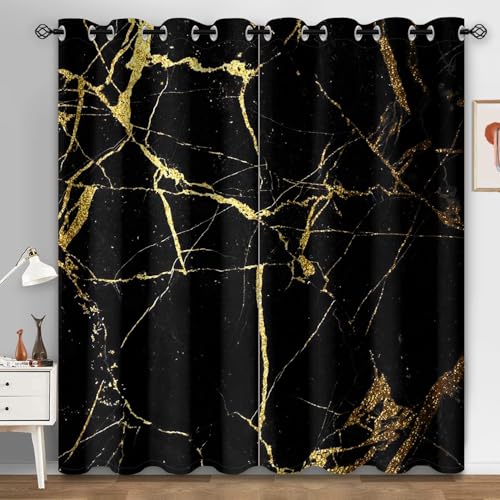 Cortinas Salon Dormitorio Mármol Oro Negro Cortinas Termicas Aislantes Frio y Calor Poliéster Lavable Habitación Infantil Decoración Cortina Opaca con Agujeros 2 Piezas 2x140x250 cm