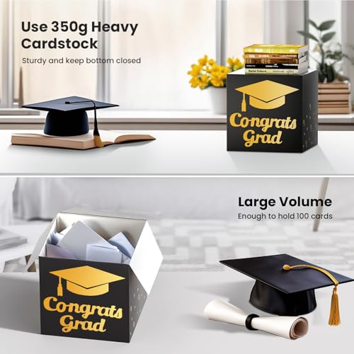 Image of OLANRUN 9 inch Graduation Card Box, Graduation Decorations 2026 - Congrats Grad Foldable Cardstock Money Box for Class of 2026 Grad Party Decor (Black)