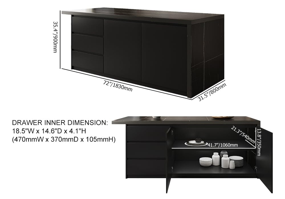 Homary Moderne Kücheninsel aus Melamin, 182,9 cm, mit Weinaufbewahrung und Sitzplatz, Stabiler Esstisch mit zusätzlichem Stauraum (Schwarz, 183cm: Linke Schublade, Standard: Holzwerkstoffe)