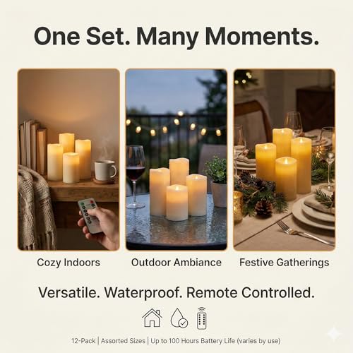 Image of Waterproof Flameless Candles, 12 PC Battery Operated LED Pillar Candles with 2 Remote Controls & Timer, Flickering Indoor Outdoor Candles for Wedding, Patio, Easter, Bathroom, Home Decor, 4''5''6''
