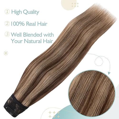 TESS Clip In Hair Extension,Hair Extensions Real Human Hair One Peice U-Shaped Balayage Straight Hairpieces for Women/Ladies/Girls(#4/27 Medium brown&Dark blonde,12Inch) - Image 4