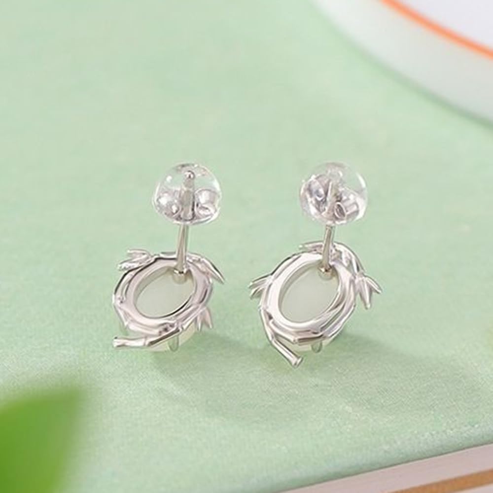 Pendientes de tuerca de plata S925 con incrustaciones de hoja de bambú de jade blanco natural para mujer, Large, Jade, Sin piedra preciosa