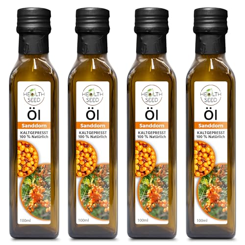 Health Seed® 4 x 100 / 400 ml – Huile d'argousier non filtrée – Bouteille en verre 100 % pure pressée à froid – Fraîcheur du fabricant