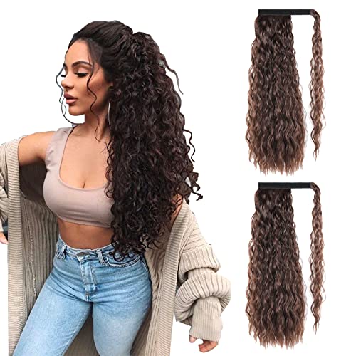 2Pcs Long Corn Wave Ponytail Extension 24 Inch Wrap Around Dark Brown Synthetic Ponytail Magic Paste Ponytail Hairpiece for Women