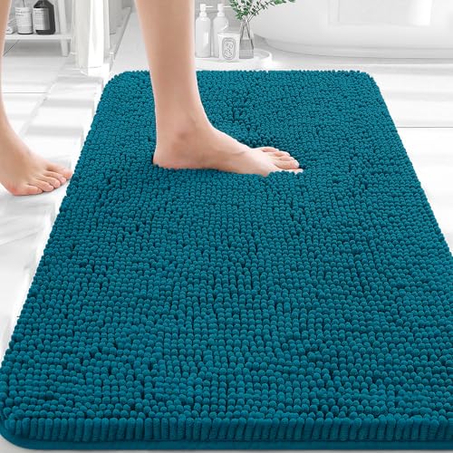 OLANLY Bathroom Rugs 30x20, Extra Soft Absorbent Chenille Bath Rugs, Rubber Backing Quick Dry, Machine Washable Bath Mats for Bathroom Floor, Tub and Shower, Home Decor Accessories, Peacock Blue