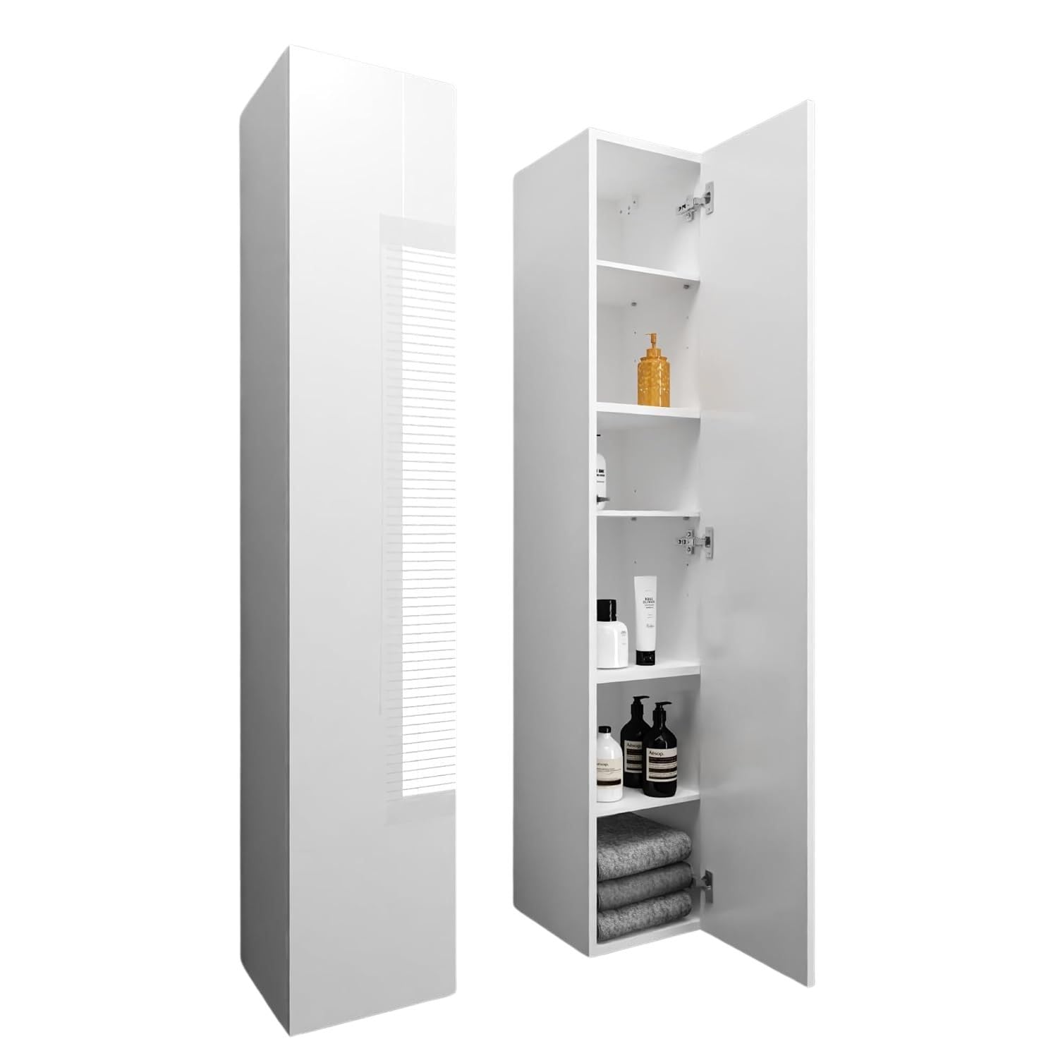 Armoire de Salle de Bain - Meuble Mural Pliable - Ouverture télescopique - Porte à Droite/Gauche - Blanc Mat/Blanc Brillant - Dimensions : 160 x 30 x 30 cm