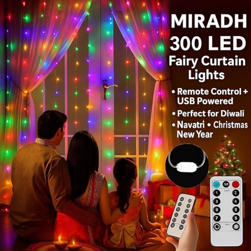 Image of MIRADH 300 LED Fairy Curtain String Lights 9.8Ft x 9.8Ft - USB Powered Remote-Controlled Backdrop, Warm Ambience for Diwali, Navratri, Christmas & New Year Decor,(Multi)