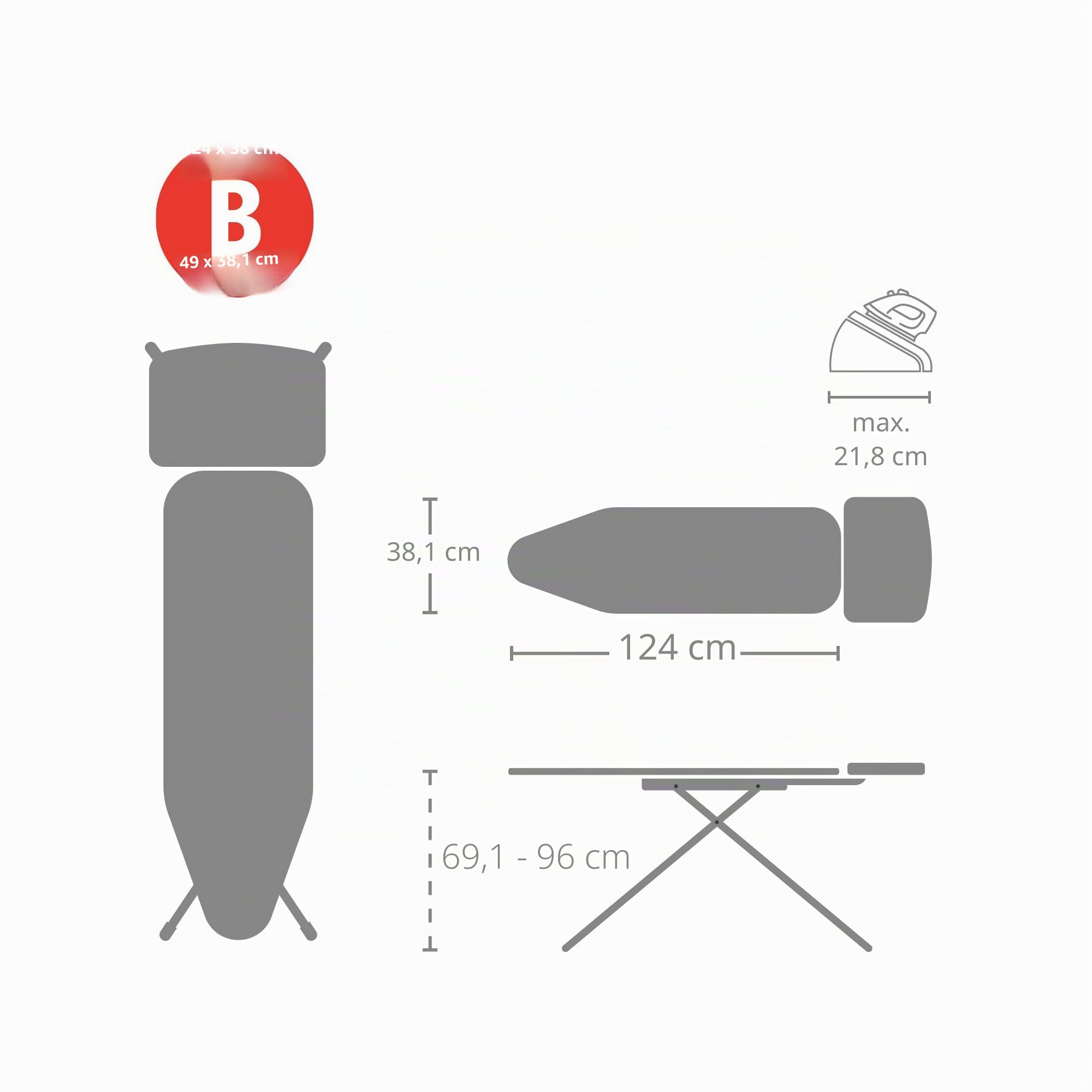 Brabantia - Bügelbrett B - für Dampferzeuger - Extra großer Metallständer - Höhenverstellbar - Solider Vierfußrahmen - Leicht versetzbar - Geräte bis zu 40 x 22 cm - Titan Oval - 124 x 38 cm