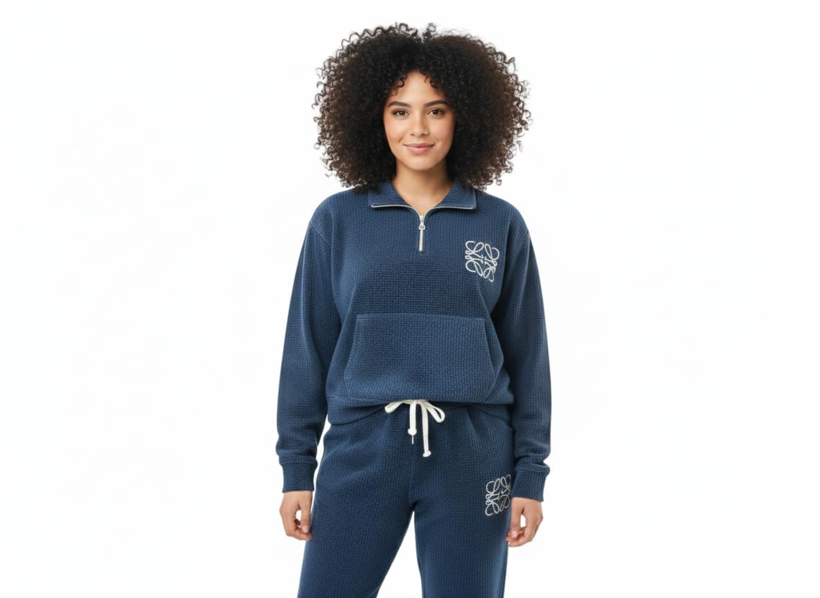 Women Wool Blend Tracksuit Set, Blue Half Zip Sweatshirt and Joggers, Ribbed Knit Co Ord Set with Pockets, Winter Loungewear-image-19