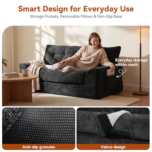 Image of MONVANE 55.5 inch Convertible Loveseat Sofa Bed, 2-in-1 Boneless Sleeper Sofa Couch with Storage Pocket, Comfy Chenille Deep Seat Couch for Living Room, No Assembly Required, Black
