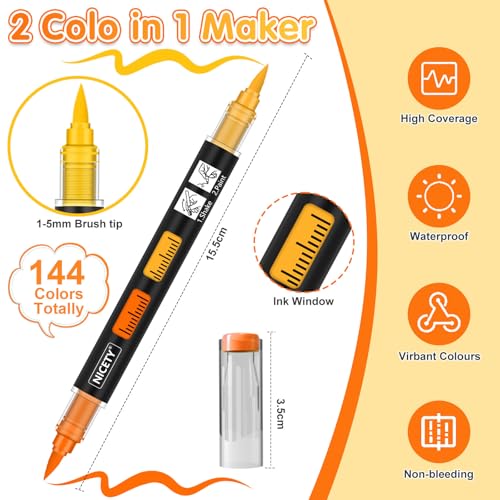 Image of NICETY 144 Colors Acrylic Paint Markers - 72 Pack Dual Tip Acrylic Paint Pens with Brush Tip, Water-Based Quick-Dry Non-Bleed Paint Markers for Rock, Wood, Glass, Ceramic, Fabric, and Canvas