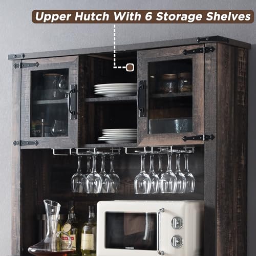 OKD-72-Farmhosue-Bar-Cabinet-with-Sliding-Barn-Door-Large-Kitchen-Buffet-with-Hutch-wWine-Glasses-Rack-3-Drawers-12-Storage-Shelves-Rustic-Coffee-Bar-Sideboard-Table-Dark-Rustic-Oak OKD 72 Farmhosue Bar Cabinet with Sliding Barn Door Large Kitchen Buffet with Hutch wWine Glasses Rack 3 Drawers 12 Storage Shelves Rustic Coffee Bar Sideboard Table Dark Rustic Oak