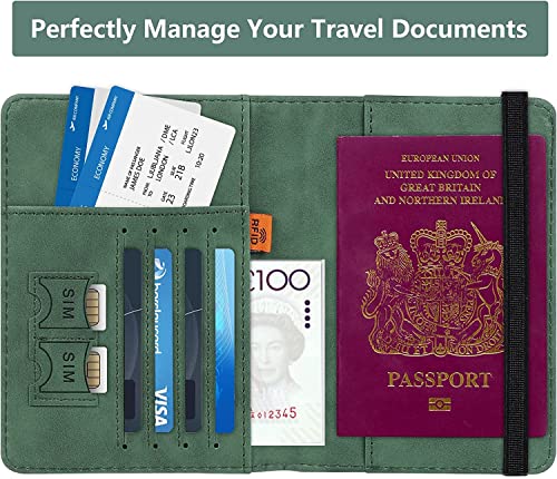 Image of House of Quirk Passport Holder Cover Travel Wallet Organiser, Passport Case with RFID Blocking, PU Leather Travel Document Holder (Green)