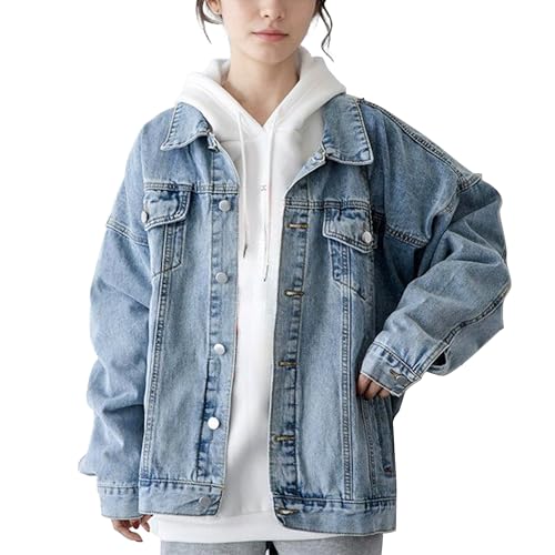 Hixiaohe Oversized Jean Jacket Women Fashion Long Sleeve Button Down Denim Jacket Loose Boyfriend Trucker Jean Coats