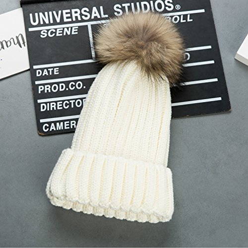 Gorro de Punto para Mujer, Sombreros Invierno de Lana con Pompón Sintético por Pingenaneer (Blanco)