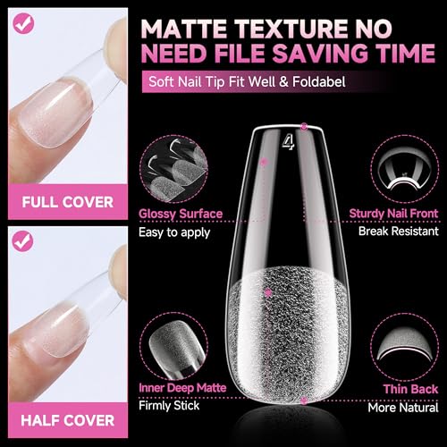 Image of UNA GELLA Medium Coffin Nails Tips Soft Gel 120pcs Half Matte | Nail Tips Coffin Full Cover Fake Acrylic Nails Clear Coffin Press on Nails for Nail Extensions Home DIY Salon 12 Sizes