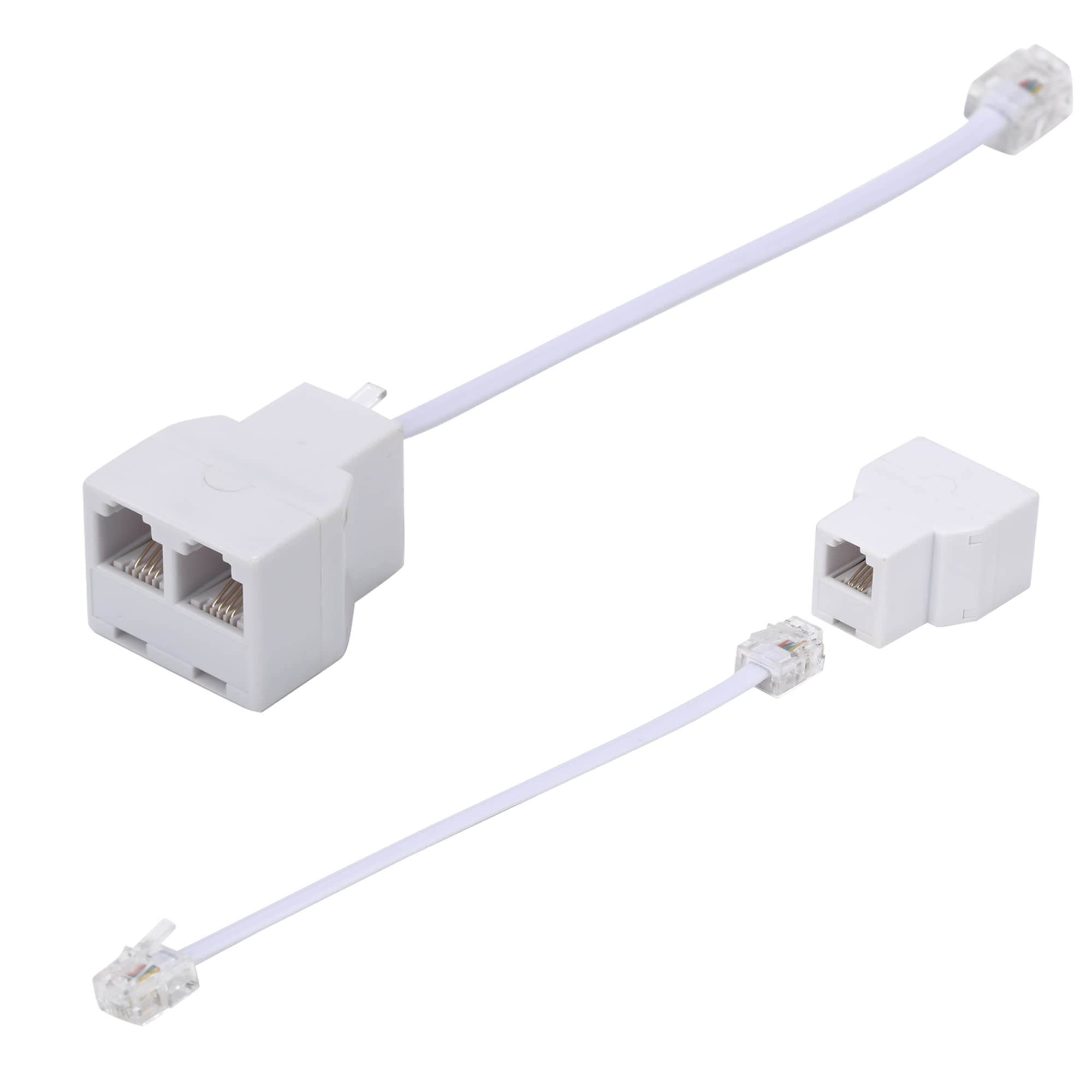 Telefonleitungs-Splitter, Telefon-Splitter, mit RJ11 6P4C Steckern, geeignet für Telefon, Faxgerät, Weiß, 2 Stück