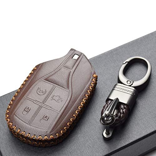 Image of Vitodeco Genuine Leather Smart Key Fob Case Cover Protector with Key Chain Clip - Compatible for Maserati Ghibli, Levante, Quattroporte - Remote Start, Brown