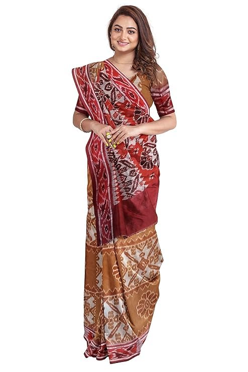 Image of Ikat Women's Cotton Saree, Handmade Pure Cotton Khandua Saree, Ikkat Orissa Traditional Handloom Saree without Blouse