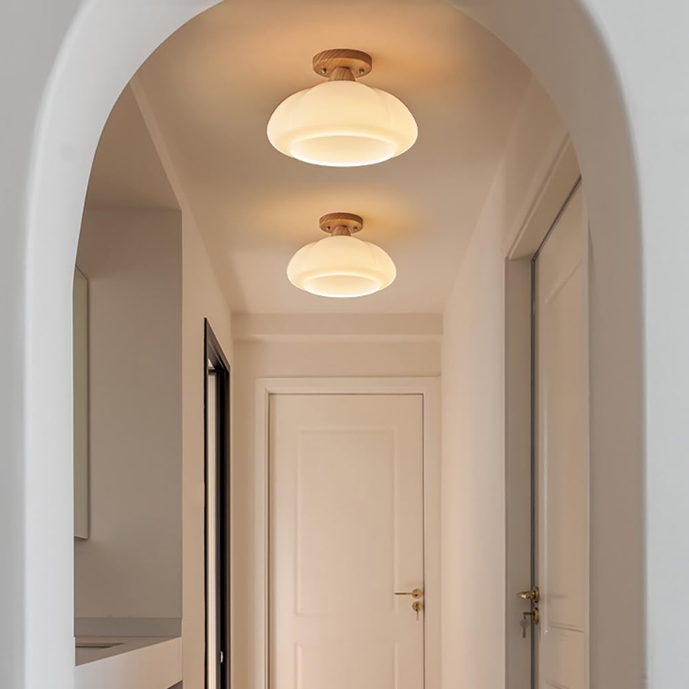 Lampy Sufitowa Szklana Styl Mid Century z Podstawą Drewnianą, Plafon Mała Forma Dynia Kopuła Oświetlenie Sufitowe do Przedpokój(White)