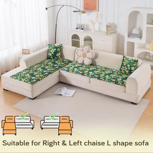 Image of HOKIPO 'Nature Muse' Premium HD Printed Holland Velvet L Shape (3+2 Seater) Sofa Cover Seat Mat, Emerald Garden (IN-916-D4 + IN-918-D4)