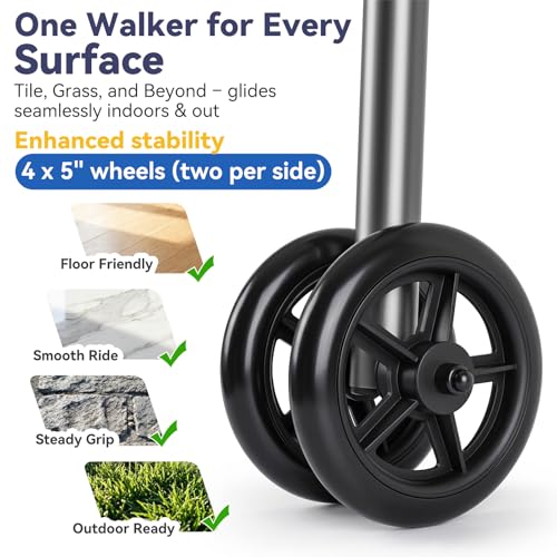 Image of Folding Walker for Seniors with Basket：Standard Walkers for Seniors Elderly | Lightweight Aluminum Rolling Walker with 4 x 5 inch Front Wheels, Storage Bag & Ski Glides 8 Height Adjustments, 350lbs Capacity