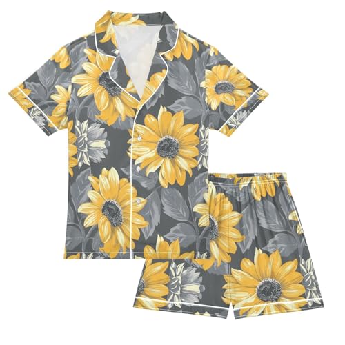 senya Sunflowers Grey Satin Summer Pajama Sets Silk Short Sleeve Button Down Sleepwear