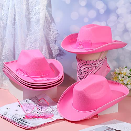 Image of Coume 6 Sets Cowboy Hat with Heart Sunglasses and Paisley Bandanas Western Cowgirl Hat for Cosplay Costume Adults(Light Pink,White)