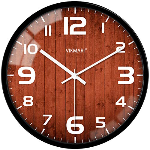 VIKMARI Modern Glass Wall Clock, 12 Inch Black Frame Battery Operated Silent Non-Ticking Clocks, White Arabic Numerals Easy to Read, Decorative Wall Clocks for Living Room Bedroom Kitchen