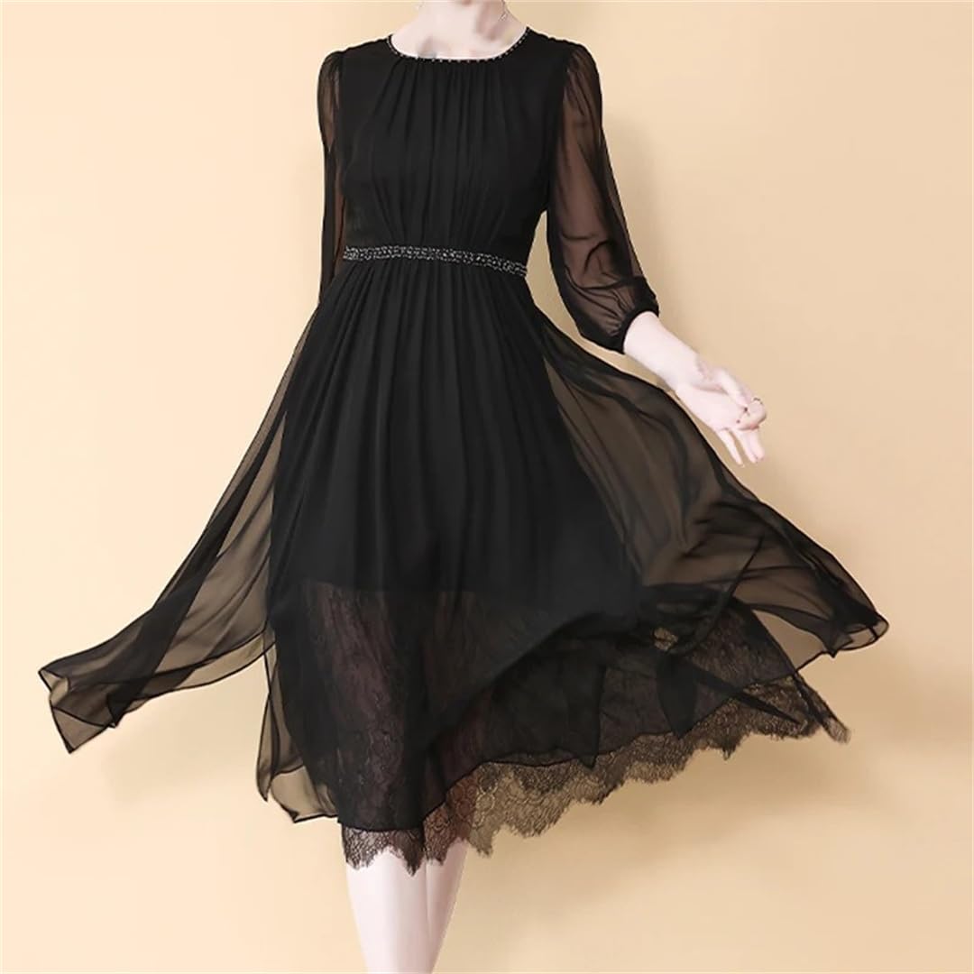Maxi abito da donna in pizzo di seta tinta unita girocollo mezza manica fluida slim fit abito casual