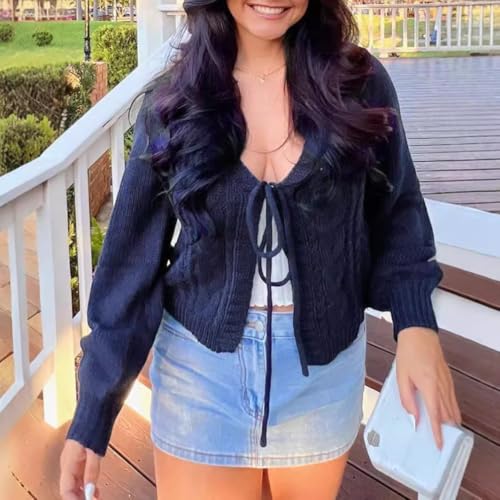 Women's Solid Long Sleeve Tie Front Sweater Cardigans, Casual Comfort V Neck Bishop Sleeve Crochet Knitwear Tops3