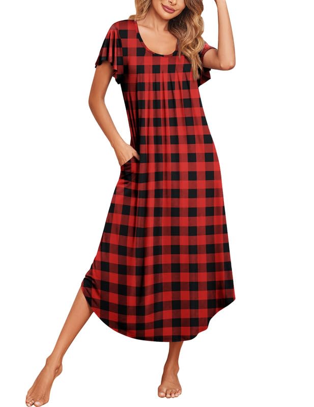Image of Ekouaer Long Nightgowns for Women with Pockets Short Sleeves Moo Moos for Women Casual Maxi Dress House Dresses S-XXXL