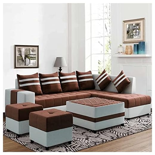 CASASTYLE - Stylio 8 Seater RHS L Shape Sofa Set with Centre Table & 2 Puffy Fabric (Brown-Light Grey)