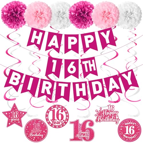 Image of Pink Sweet 16 Birthday Decorations Girls Sweet 16 Birthday Banner & Hanging Swirls Tissue Pompoms for Girls 16 Years Old Party Supplies