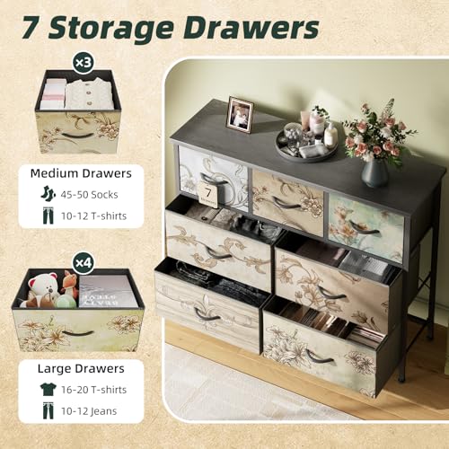 MUTUN Drawers Dresser for Bedroom,Wide Chest of Drawers for Closet, Clothes, TV Stand with Storage Drawers, Wood Board, Fabric Drawers,Floral Painted (7 Drawers) - Image 4