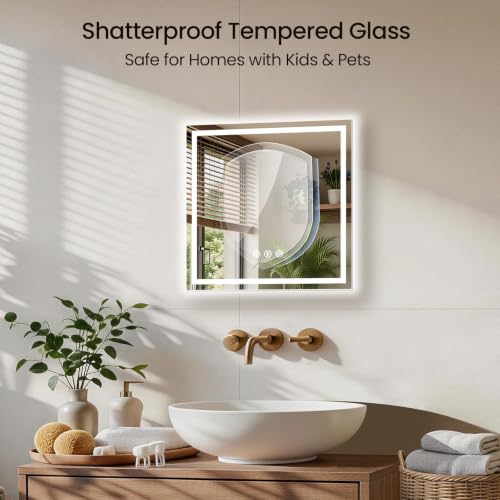 Image of 24x24 LED Bathroom Mirror with Anti-Fog, Backlit & Front Lit, Memory | Stepless Dimmable 3 Color CRI 95+ Shatterproof Tempered Glass ETL Listed for Safety Lighted Bathroom Vanity Mirror for Wall
