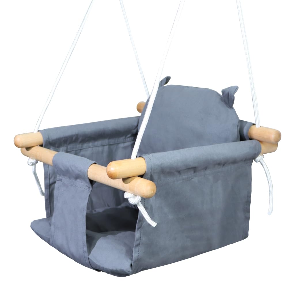 IFOYOCanvas Baby Swing, Wooden Hanging Swing Seat Chair with Safety Belt for Toddler Boys Girls, Infant Hammock Swing Chair for Tree and Backyard Outside (Bear)