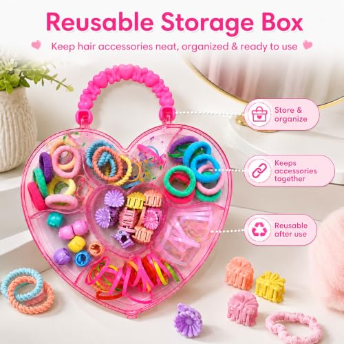 Image of Hair Accessories for Kids Girls | Heart Shaped Storage Box with Rubber Bands, Hair Ties, Mini Claws, Beads & Flower Clips | Baby Girl Hair Accessories Set | Cute Clips for Kids | Mixed Designs | GogoPogo