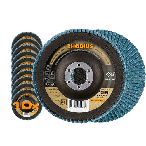 RHODIUS LSZ F3, 10 Stück Ø 125 mm K40 Fächerscheiben, Made in Germany, Metall Schleifscheibe für Winkelschleifer, Fächerschleifscheiben, Lamellenscheibe