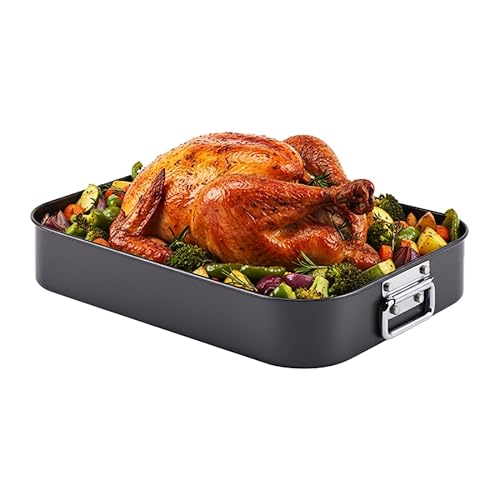 Image of Bakeley Roasting Pan, Nonstick Roaster Pan with Rack, Turkey Roasting Pan with V Rack, 17 Inch x 13 Inch, Black