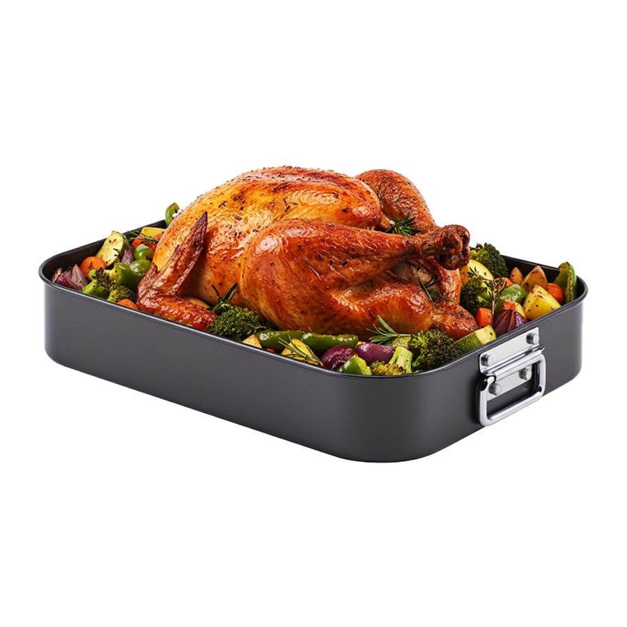 Bakeley Roasting Pan, Nonstick Roaster Pan with Rack, Turkey Roasting Pan with V Rack, 17 Inch x...