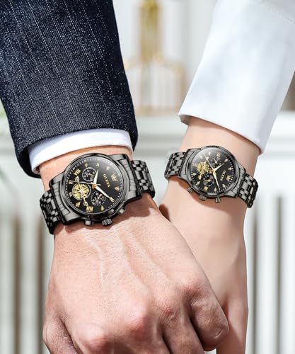 Image of OLEVS Analog Unisex Adult Couple Watch Set His & Her Matching Watches with Luxury Diamond Accents-Two-Tone Silver Strap,Blue Dial Valentine's Day Stainless Steel Original Quartz Watch Lovers Set