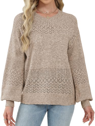 Image of Lylinan Womens Sweaters Casual Boho Long Sleeve Shirts Crewneck Lightweight Crochet Tops Pullover Knit Sweater