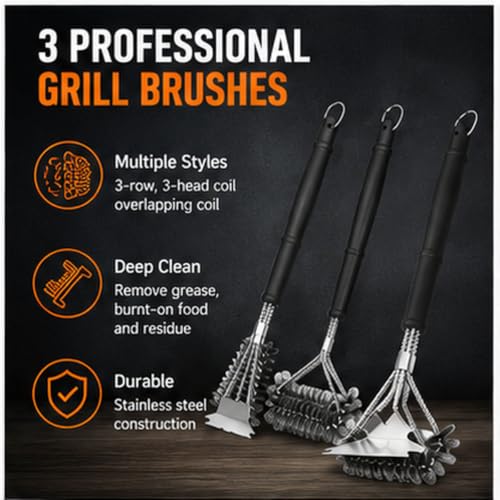 Cepillo BBQ de 3 filas con raspador metálico apto para mantenimiento de parrillas Vermont Castings 3