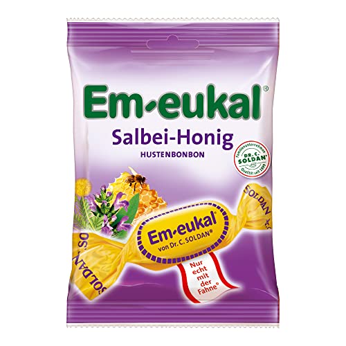 Em-eukal Salbei-Honig Hustenbonbon zuckerhaltig 75g – Feiner Salbeiextrakt, erlesener Akazienhonig und hochwertige ätherische Öle – Mit Vitamin C (1 x 75g)