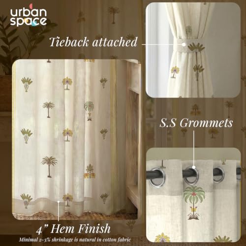 Image of Urban Space 100% Cotton Floral Curtains 8 Feet Long Set of 2, 60-65% Room Darkening, Decorative Curtains with Eyelets /Rings for Hanging, Tieback Included (Madhavi Yellow, Long Door - 8 Feet)