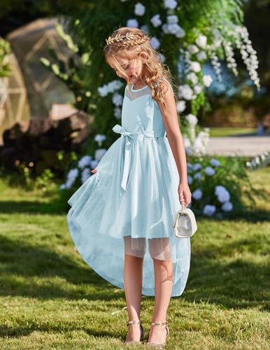 Image of Arshiner Girls Dresses Formal Party Wedding Tulle Sleeveless Contrast Mesh High Low Dress with Belt