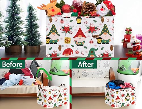 Image of Large Christmas Gifts Empty Baskets Kids Collapsible Holiday Storage Bin with Handle (Gnome Red Flower)