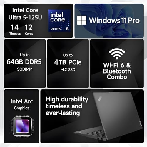 Image of Lenovo 2026 ThinkPad E16 Business AI PC Laptop, 16 inch FHD+ Display, Intel 12-Core Ultra 5 125U (> i7-1355U), 16GB DDR5, 256GB SSD, Fingerprint Reader, Backlit KB, Thunderbolt 4, Ethernet, Windows 11 Pro